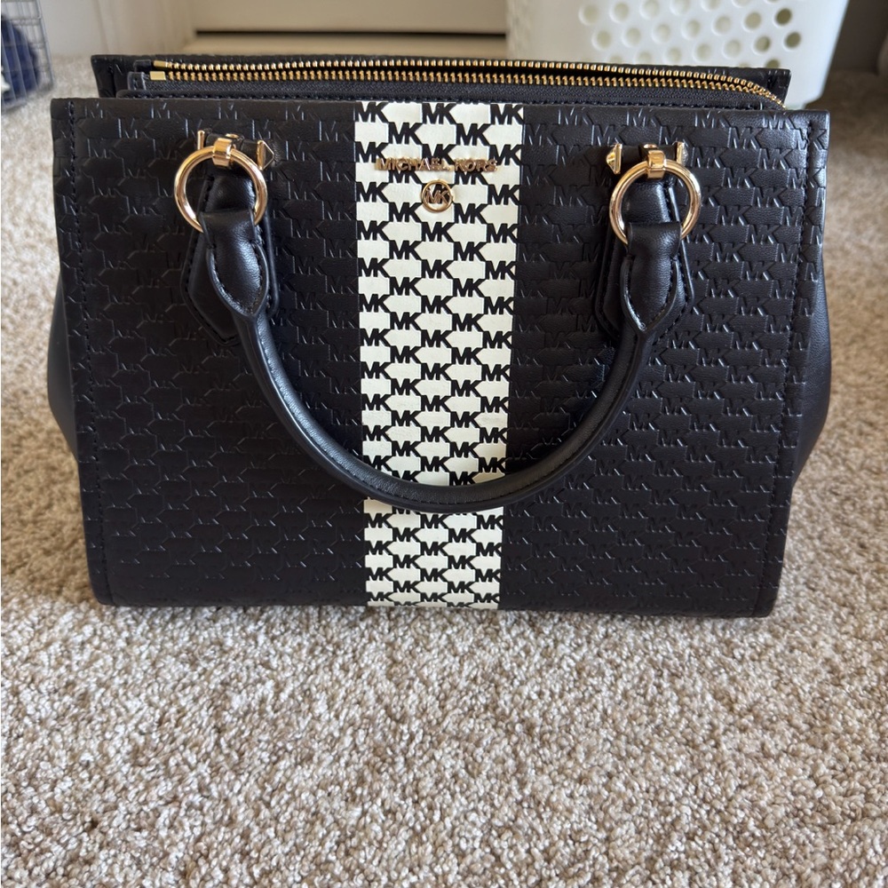 Michael Kors Black and White Satchel with Gold Accents